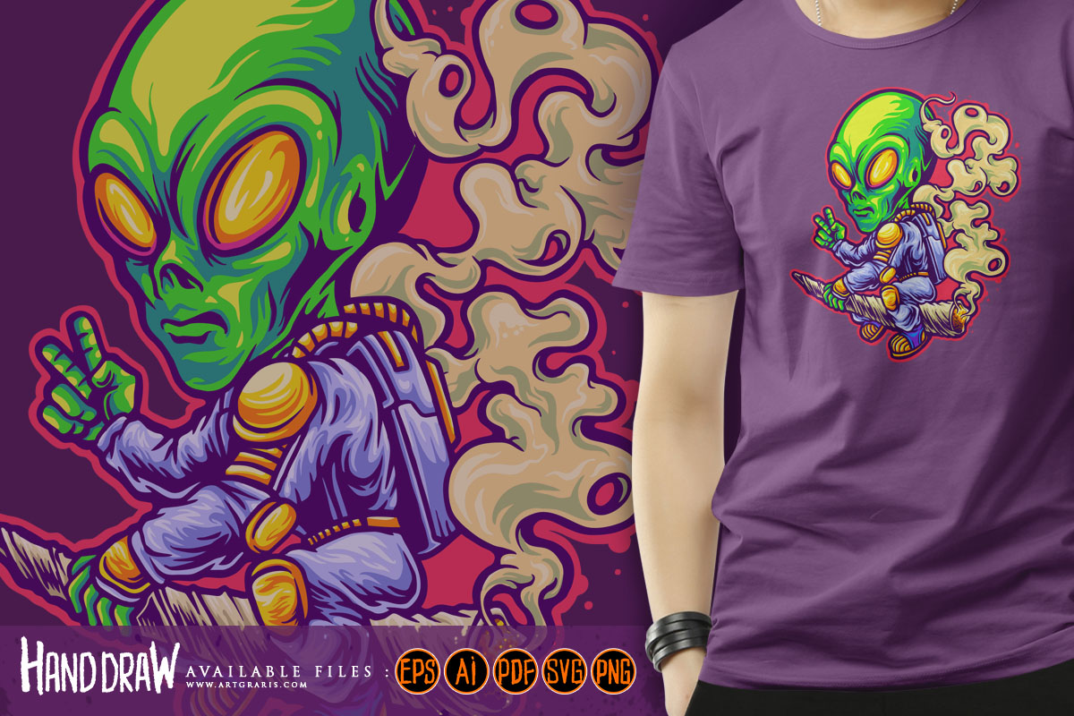 Astronaut alien ride cannabis joint rocket illustrations - Buy t-shirt ...