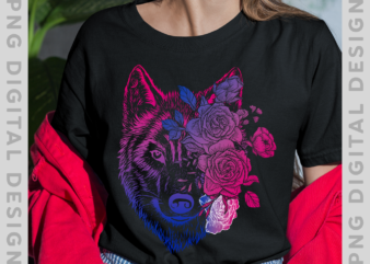 Bisexual Wolf PNG File For Shirt, Wolf Floral Design, Bisexuality Shirt Design, Bi Pride Flag, LGBT Pride, Instant Download HH