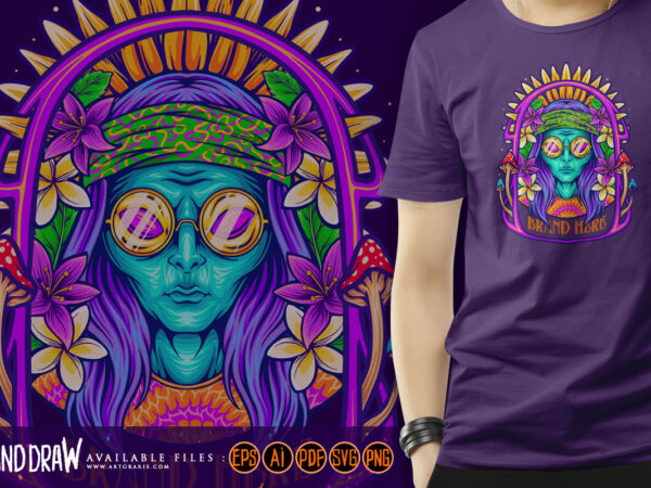 Bohemian alien creature with hippie floral frame illustrations t shirt template