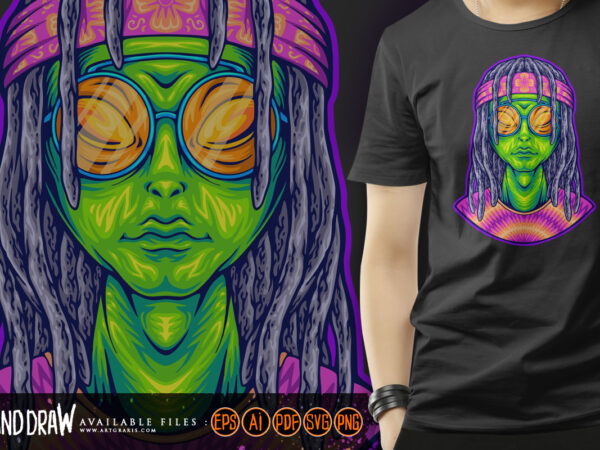 Bohemian alien old school hippie dreads illustrations t shirt template