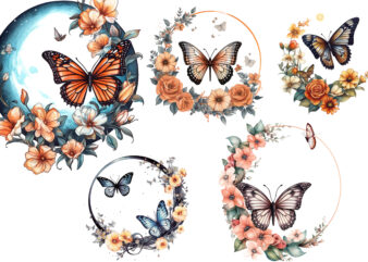 Butterfly and Flower Moon Clipart