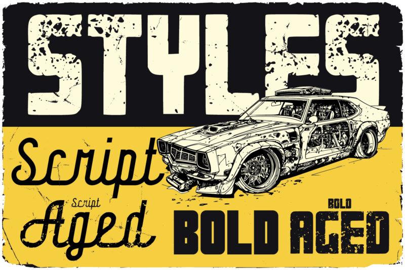 Muscle Cars Font Duo + 8 Editable T-shirt Designs