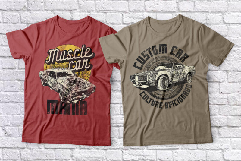 Muscle Cars Font Duo + 8 Editable T-shirt Designs