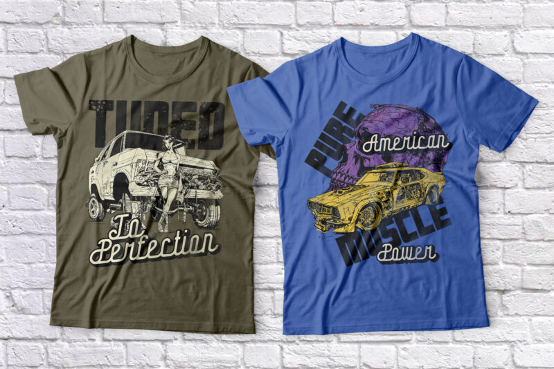 Muscle Cars Font Duo + 8 Editable T-shirt Designs