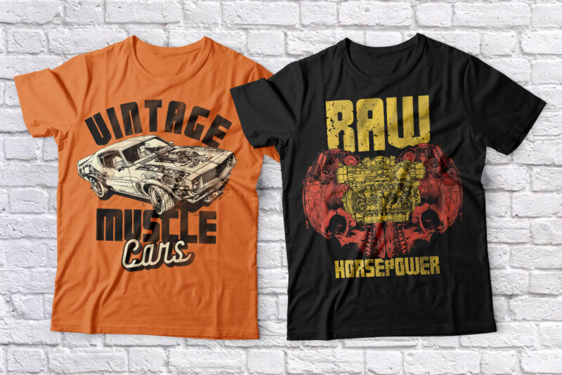 Muscle Cars Font Duo + 8 Editable T-shirt Designs