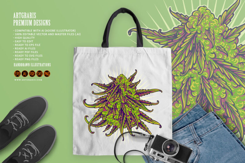 Cannabis indica buds strain botanical logo illustrations