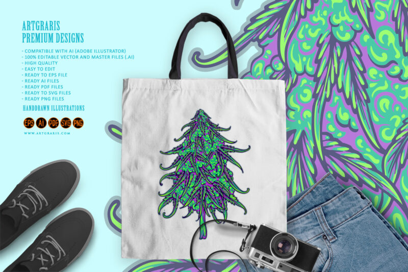 Cannabis sativa buds strains recreational hemp illustrations