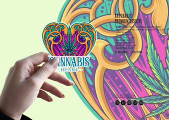 Cannabis sativa leaf in art nouveau heart shaped frame illustrations