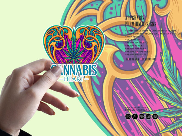 Cannabis sativa leaf in art nouveau heart shaped frame illustrations t shirt vector file