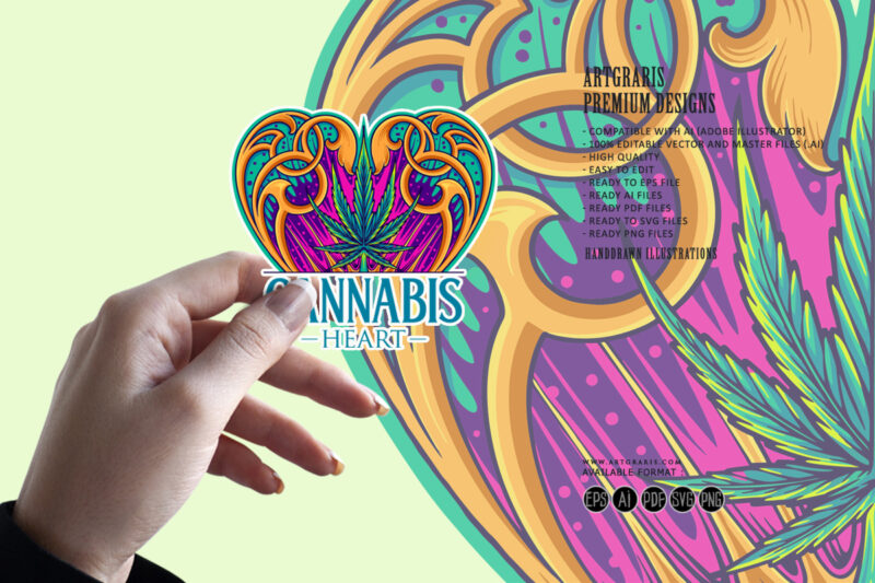 Cannabis sativa leaf in art nouveau heart shaped frame illustrations