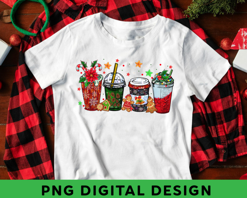 Christmas coffee PNG, snowmen red peppermint iced latte sweets snow cozy winter women Sublimation design