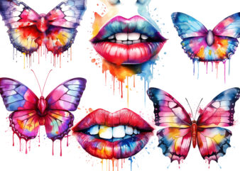 Colorful Lip and Butterfly Watercolor