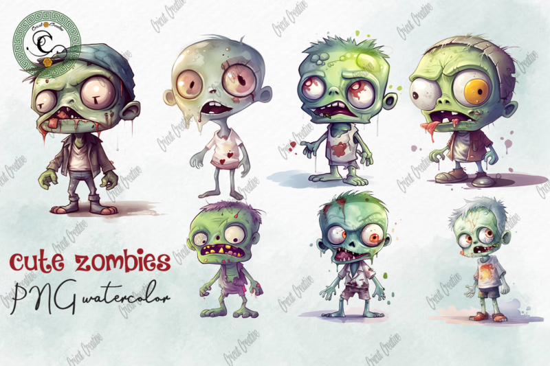 Cute Zombies PNG Watercolor Sublimation Design