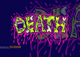 Death word typeface with creepy monster letter illustrations t shirt vector illustration