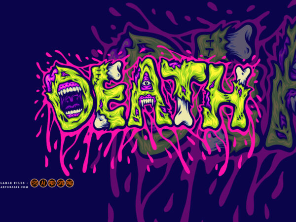 Death word typeface with creepy monster letter illustrations t shirt vector illustration