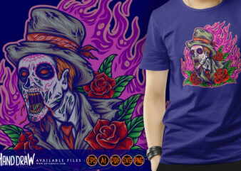 Día de los muertos zombie with fire background and blooming rose illustration t shirt vector illustration