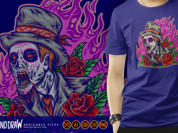 Día de los muertos zombie with fire background and blooming rose illustration t shirt vector illustration