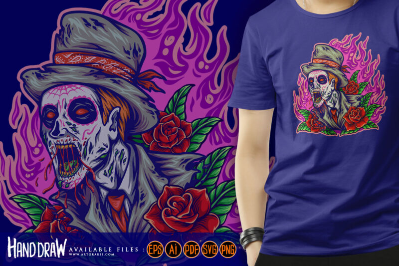 Día de los muertos zombie with fire background and blooming rose illustration