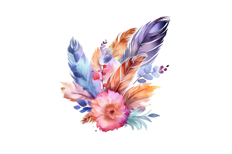 Floral Feather Watercolor Clipart