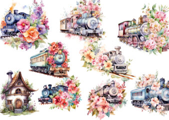 Floral Train Watercolor Clipart