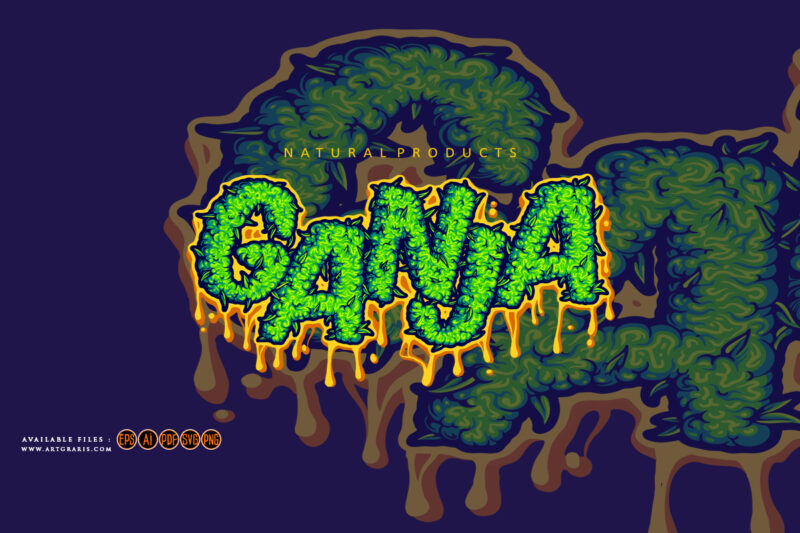 Ganja lettering word with melted flower buds letter illustrations