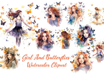 Girl and Butterflies Watercolor Clipart