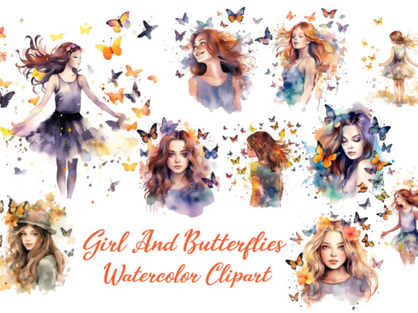 Girl and butterflies watercolor clipart t shirt design template