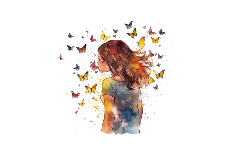 Girl and Butterflies Watercolor Clipart