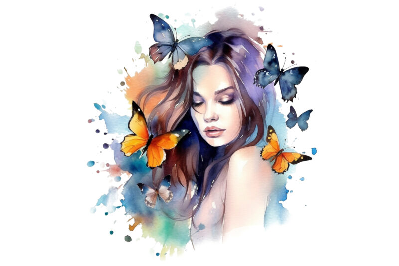 Girl and Butterflies Watercolor Clipart