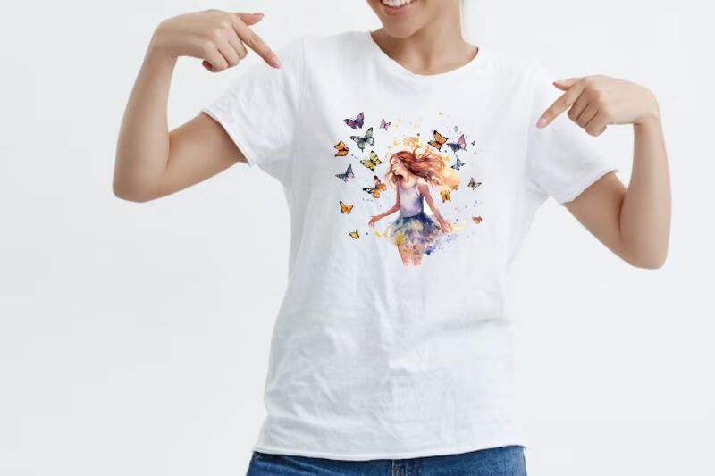 Girl and Butterflies Watercolor Clipart