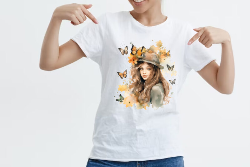 Girl and Butterflies Watercolor Clipart