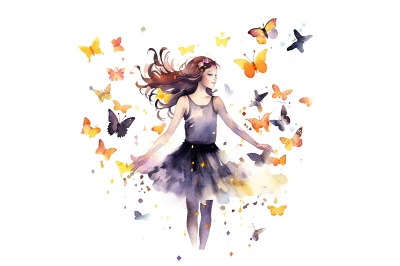 Girl and Butterflies Watercolor Clipart