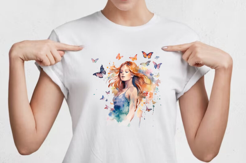 Girl and Butterflies Watercolor Clipart