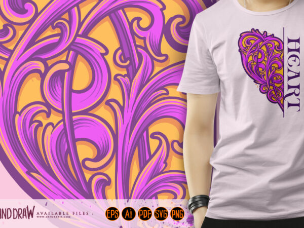 Half heart shaped old engraved ornament illustrations graphic t shirt