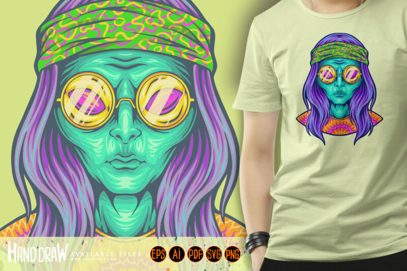 Hippie alien with tie dye shirt logo