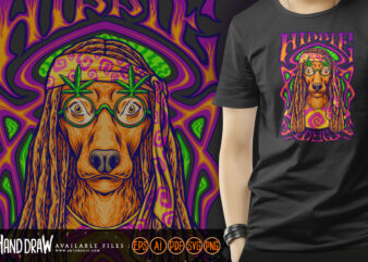 Hippie dog on psychedelic art frame background illustrations