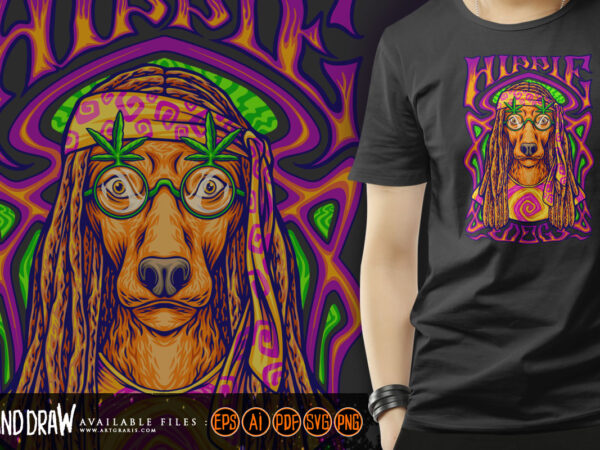 Hippie dog on psychedelic art frame background illustrations graphic t shirt