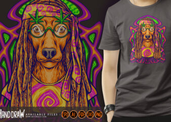 Hippie dog with psychedelic trippy frame background illustrations graphic t shirt