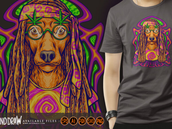 Hippie dog with psychedelic trippy frame background illustrations graphic t shirt