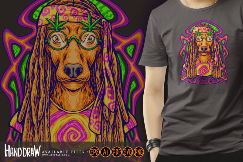 Hippie dog with psychedelic trippy frame background illustrations