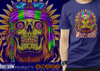 Hippie skull with classic sunflower trippy background illustrations graphic t shirt