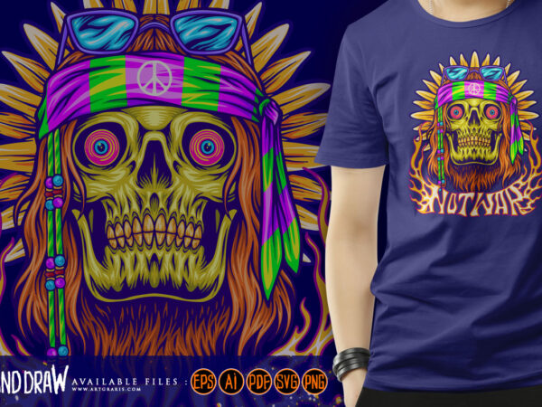 Hippie skull with classic sunflower trippy background illustrations graphic t shirt