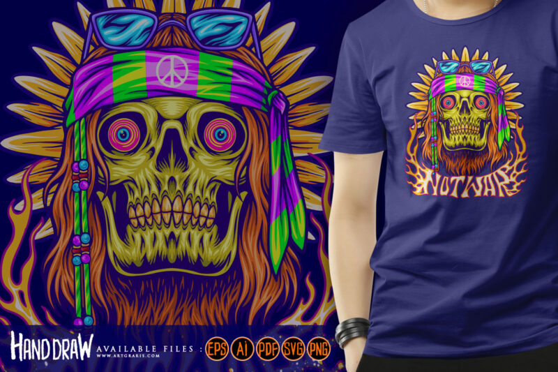 Hippie skull with classic sunflower trippy background illustrations