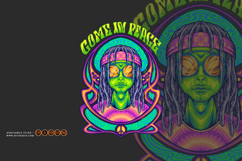 Hippies alien come in peace with art nouveau background illustrations