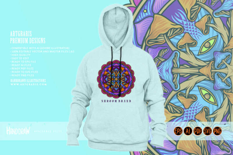 Psychedelic mandala geometry trippy mushroom illustrations