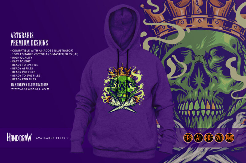 Skull king with royal crown smoking cannabis joint illuystrations