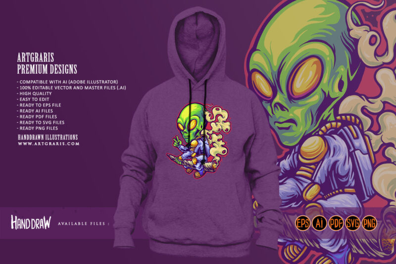 Astronaut alien ride cannabis joint rocket illustrations