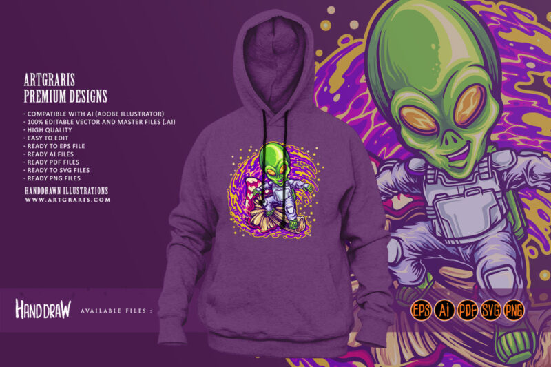 Alien spaceman surfing on space with magic mushroom illustrations