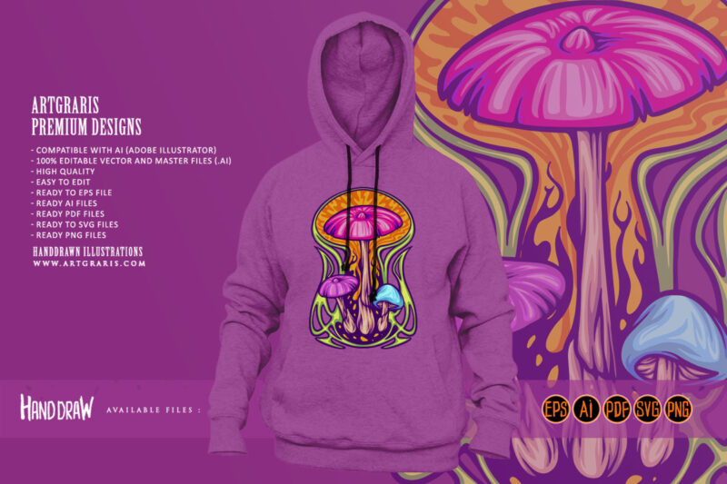 Magic mushroom psycho plant on trippy background illustrations