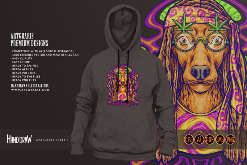 Hippie dog with psychedelic trippy frame background illustrations